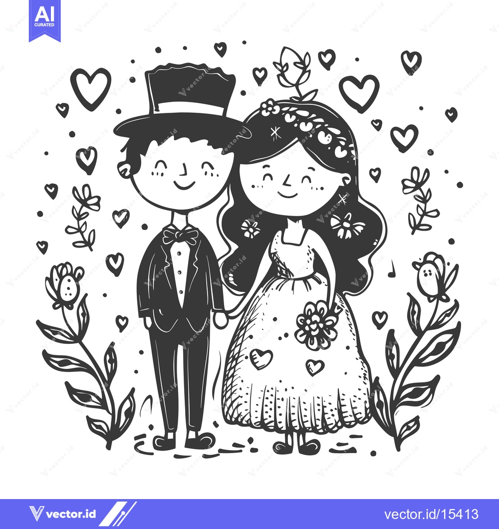 Premium Vector dari A  Hand-Drawn Illustration of a Smiling Couple in Wedding Attire