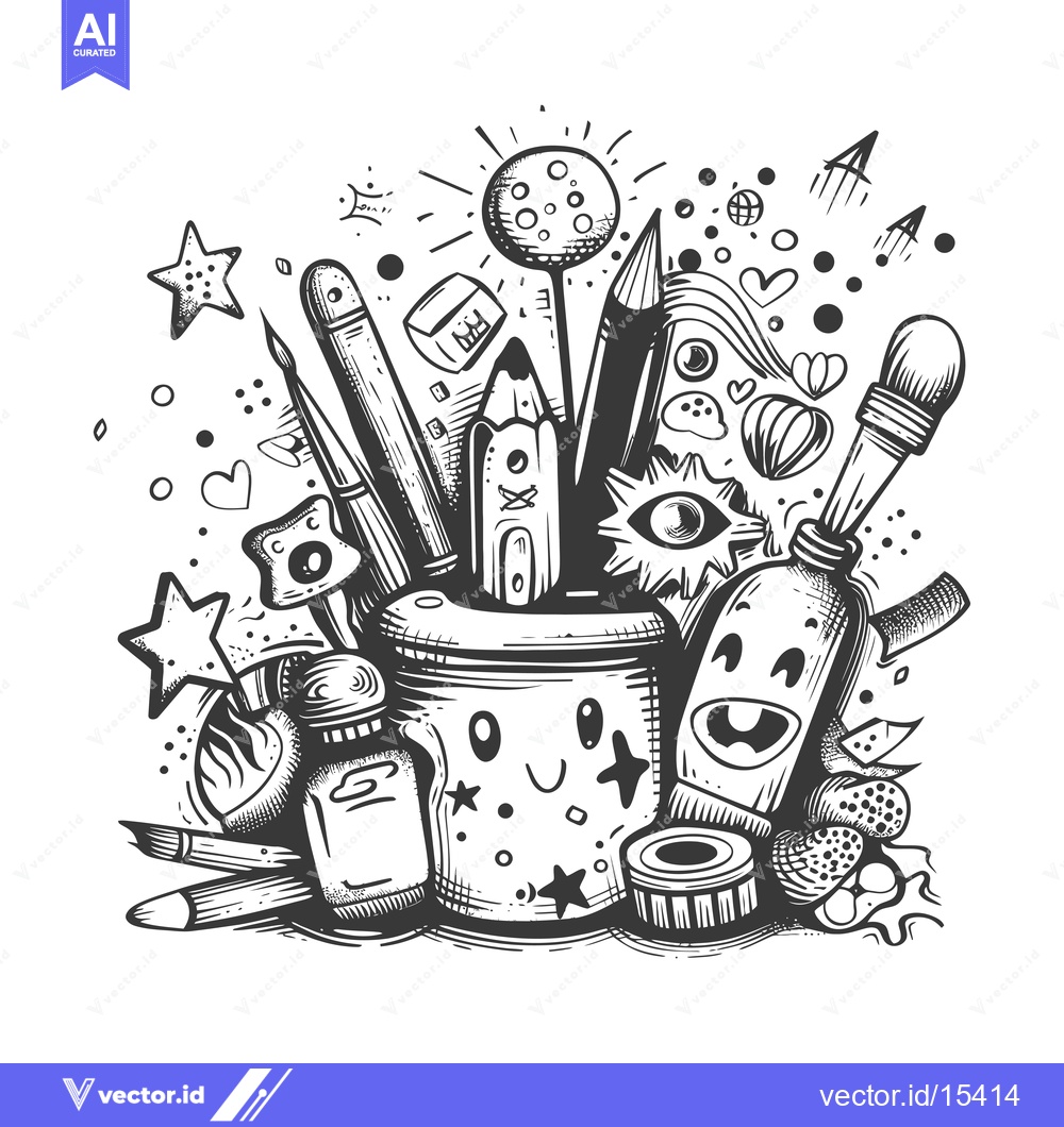 Premium Vector dari A Hand-Drawn Illustration of a Smiling Cup Filled with Art Supplies