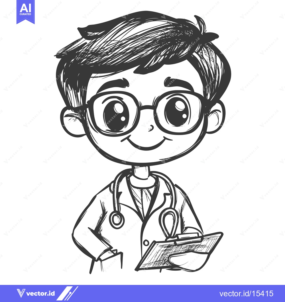 Premium Vector of A Hand-Drawn Illustration of a Smiling Doctor Holding a Clipboard