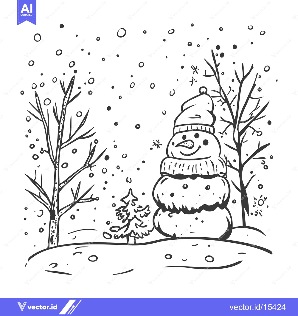 Premium Vector dari A Hand-Drawn Illustration of a Snowman in a Winter Landscape
