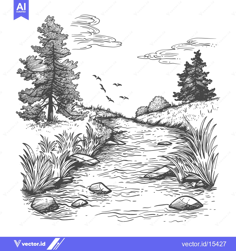 Premium Vector of A Hand-Drawn Illustration of a Stream Flowing Through a Forest