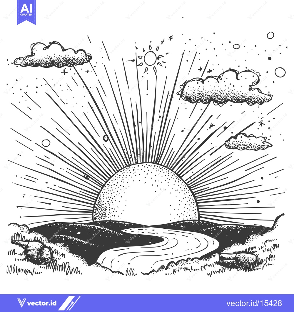 Premium Vector dari A Hand-Drawn Illustration of a Sunrise Over a Winding River