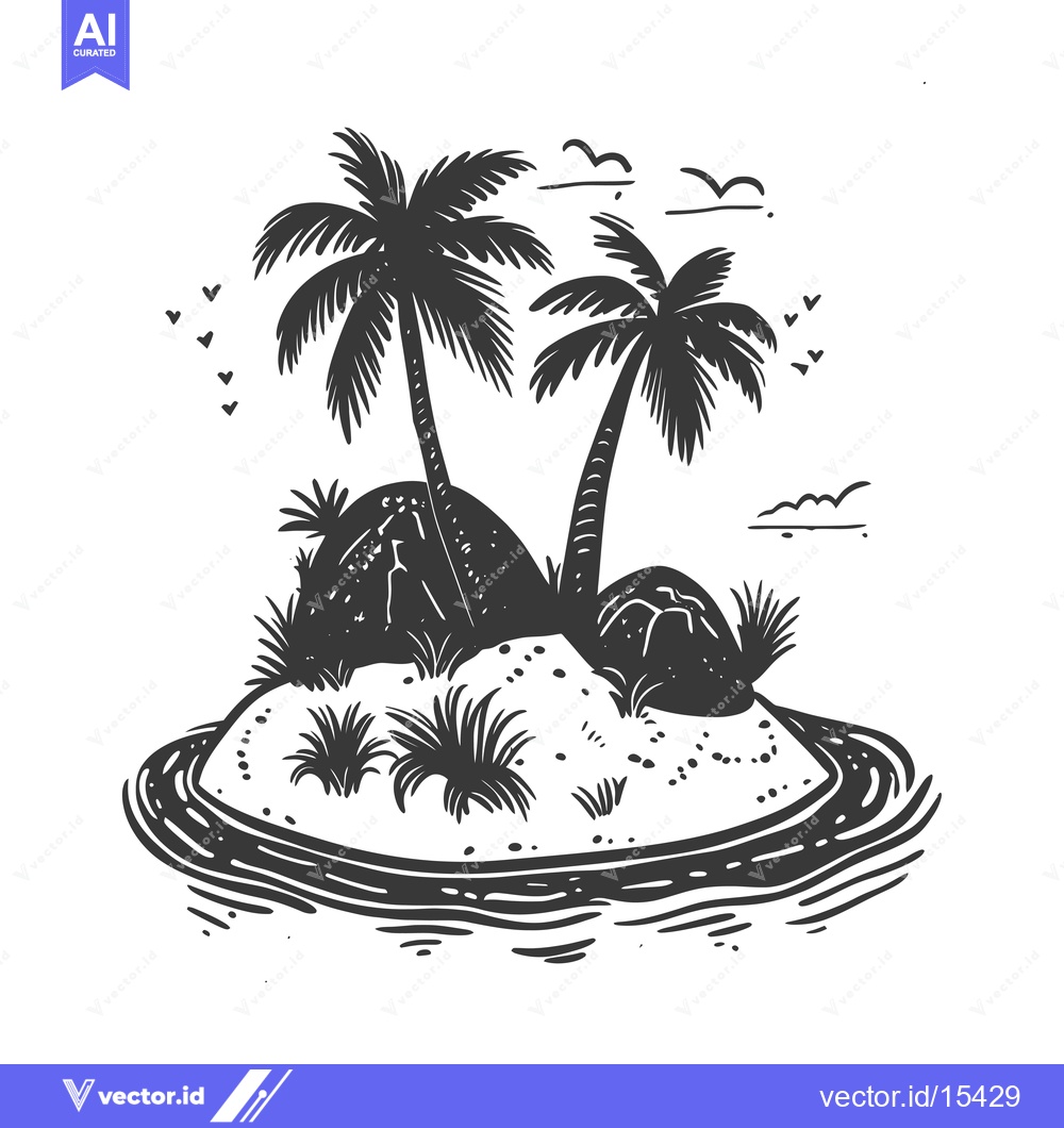 Premium Vector of A Hand-Drawn Illustration of a Tropical Island with Palm Trees and a S