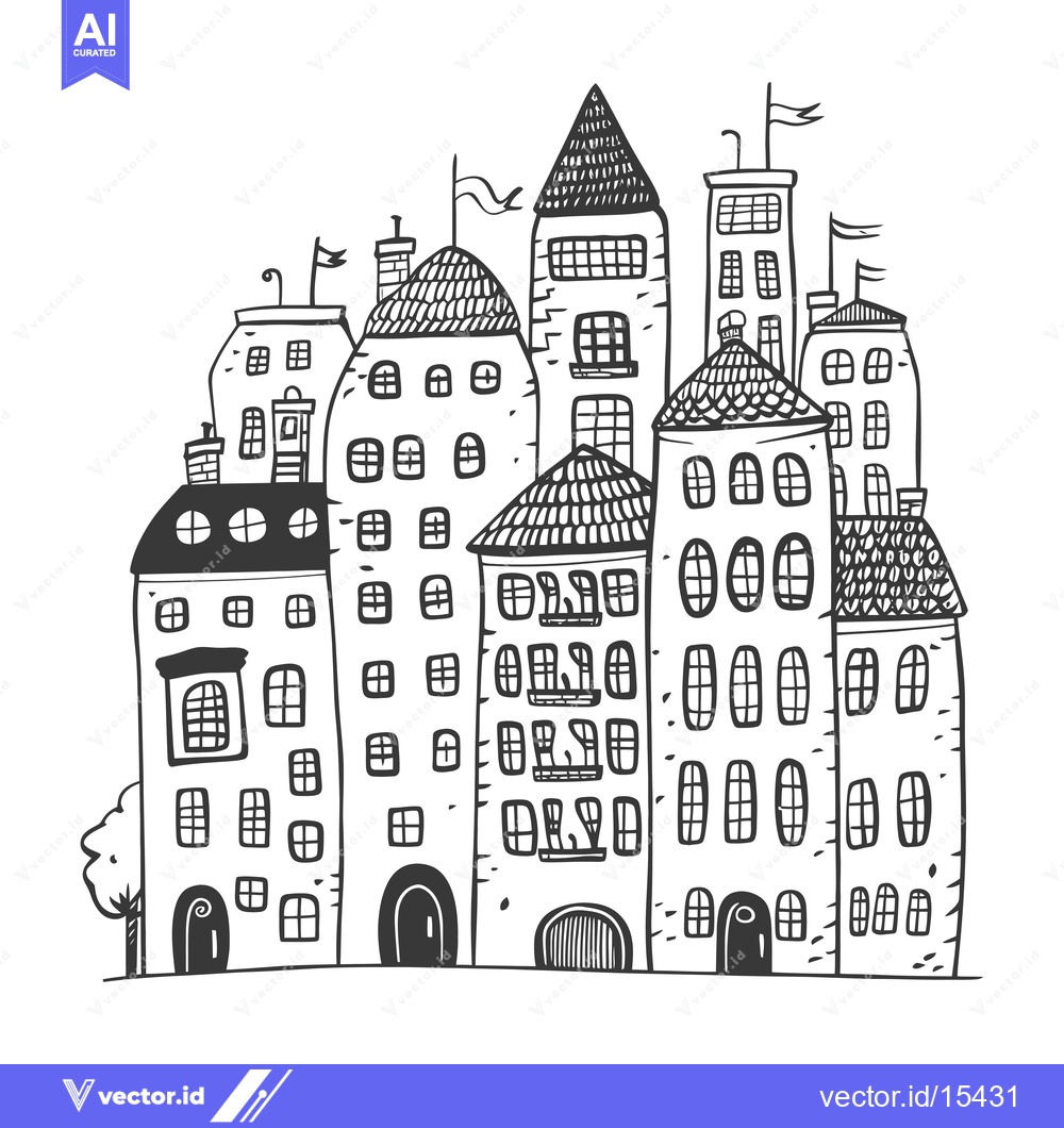 Premium Vector dari A Hand-Drawn Illustration of a Whimsical Town with Various Houses and