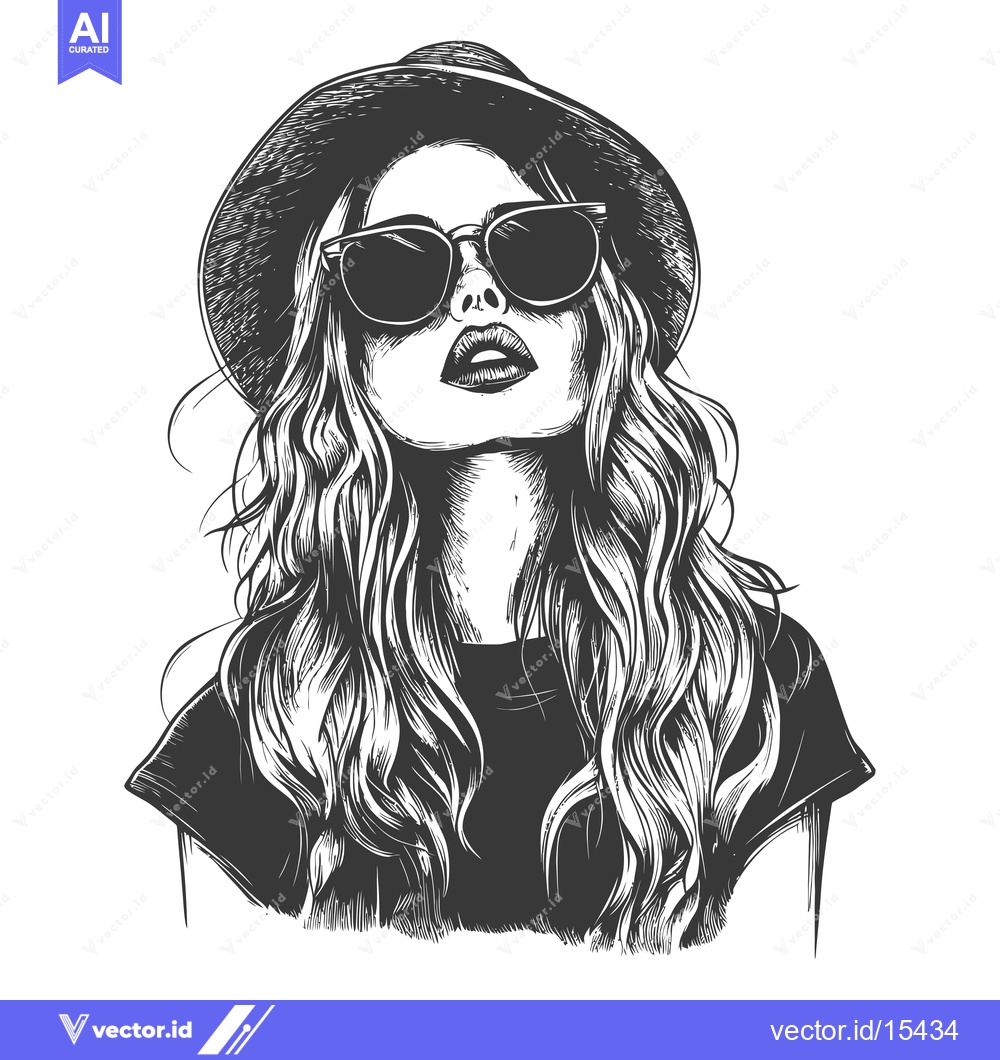 Premium Vector dari A Hand-Drawn Illustration of a Woman in a Hat and Sunglasses