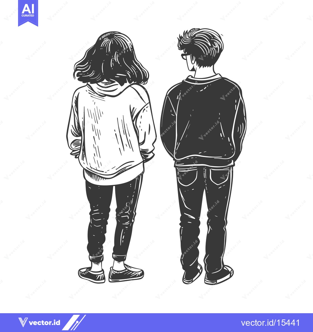 Premium Vector of A Hand-Drawn Illustration of a Young Couple Standing Back-to-Back