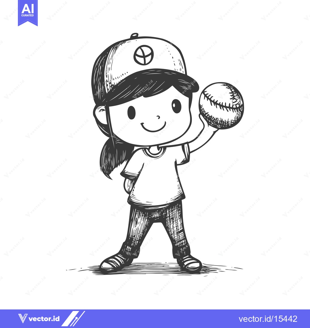 Premium Vector dari A Hand-Drawn Illustration of a Young Girl Holding a Baseball