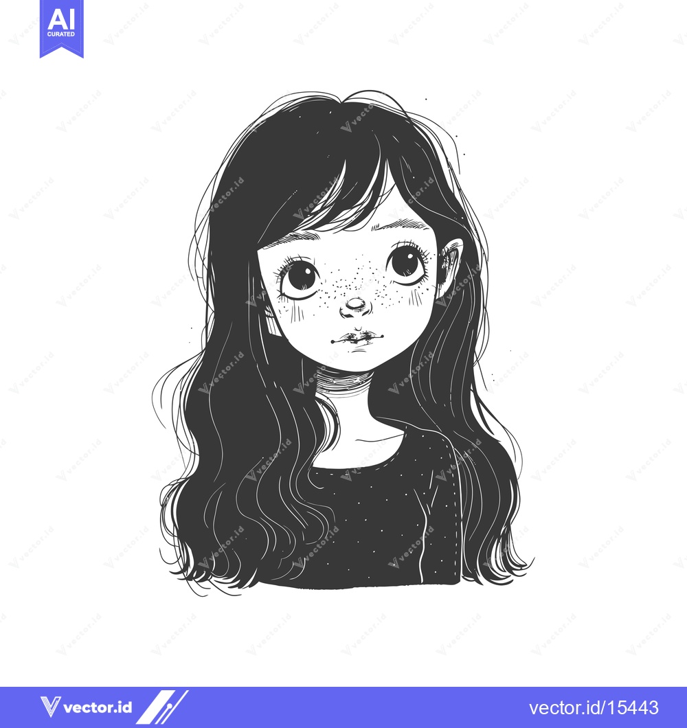 Premium Vector of A Hand-Drawn Illustration of a Young Girl with Long Wavy Hair and Frec