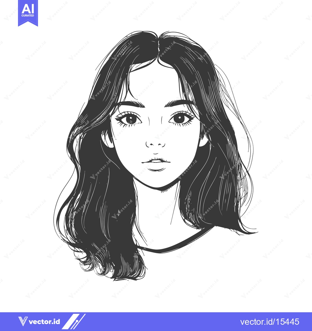 Premium Vector dari A Hand-Drawn Illustration of a Young Woman's Face with Long Wavy Hair