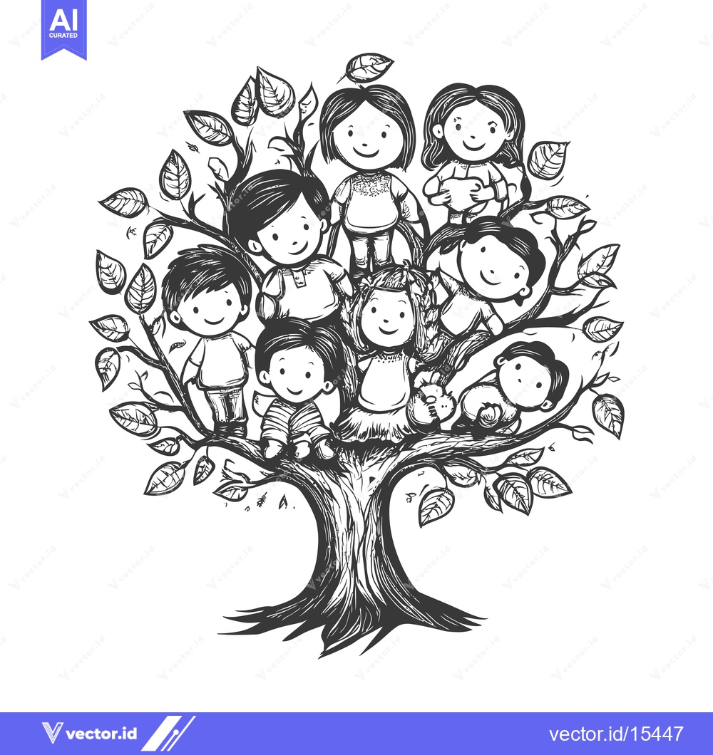 Premium Vector of A Hand-Drawn Illustration of Children Playing in a Tree