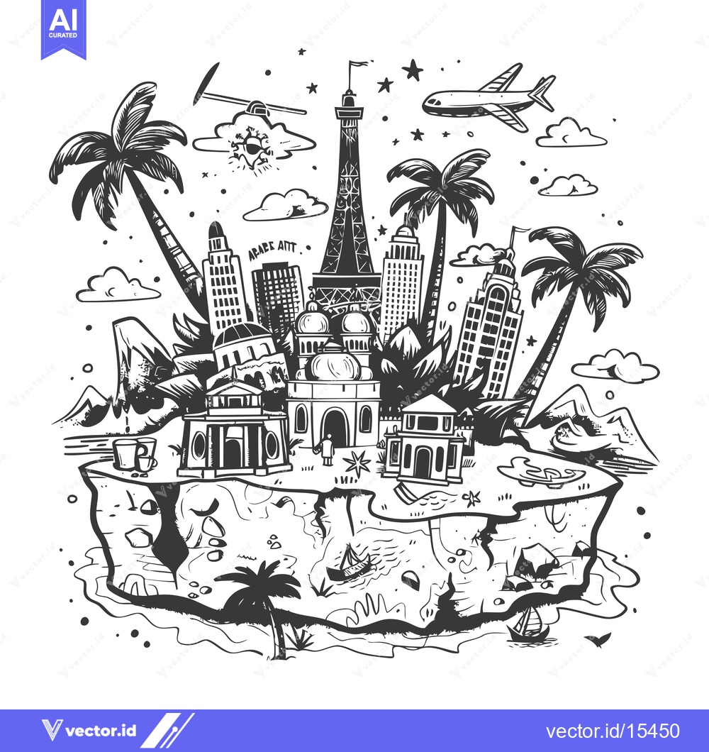 Premium Vector dari A Hand-Drawn Illustration of Famous Landmarks on a Tropical Island
