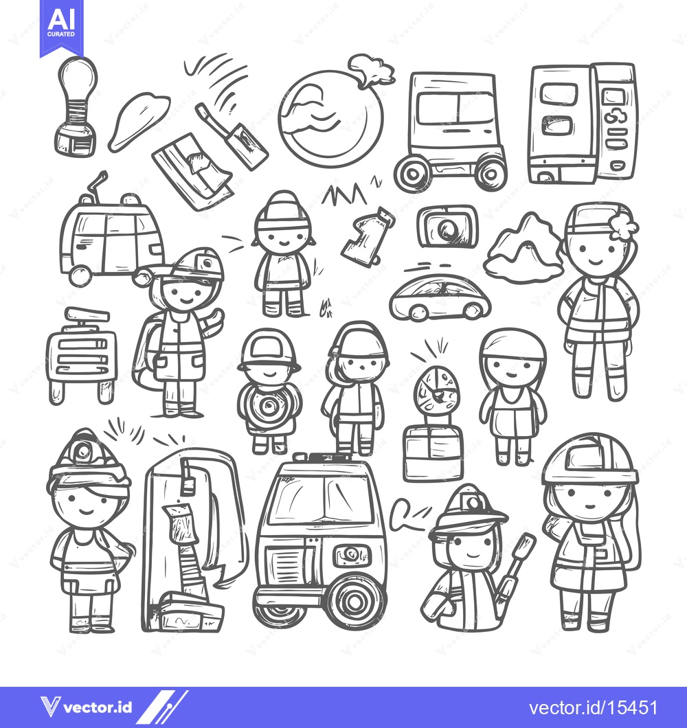 Premium Vector of A Hand-Drawn Illustration of Firefighters, Fire Trucks, and Other Fire