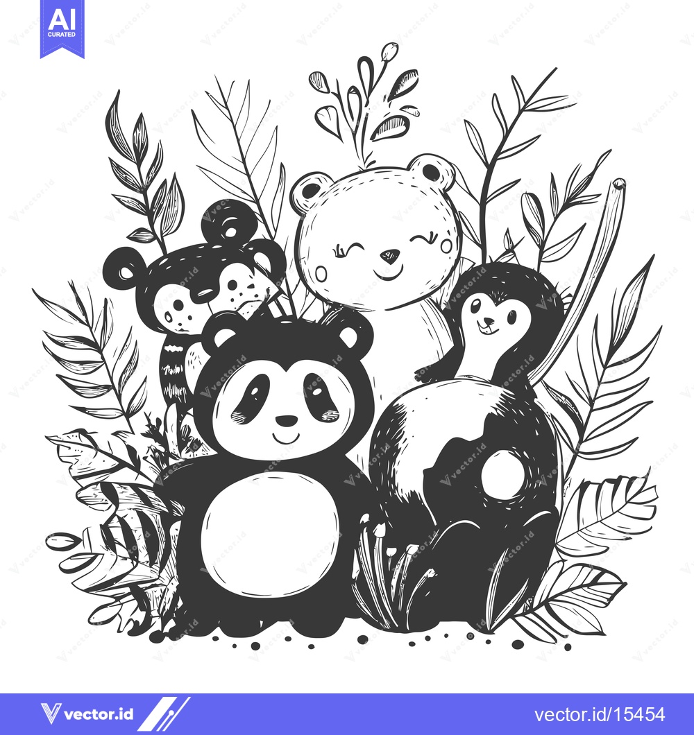 Premium Vector dari A Hand-Drawn Illustration of Four Cute Animals in a Lush Tropical Sett
