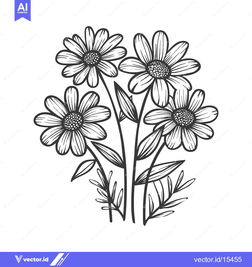 Premium Vector of A Hand-Drawn Illustration of Four Daisies with Stems and Leaves