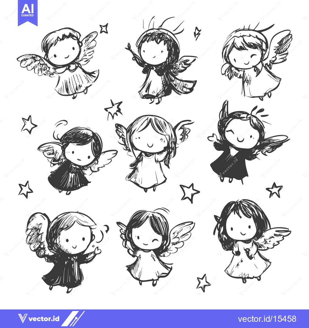 Premium Vector dari A Hand-Drawn Illustration of Nine Smiling Angels with Wings and Stars