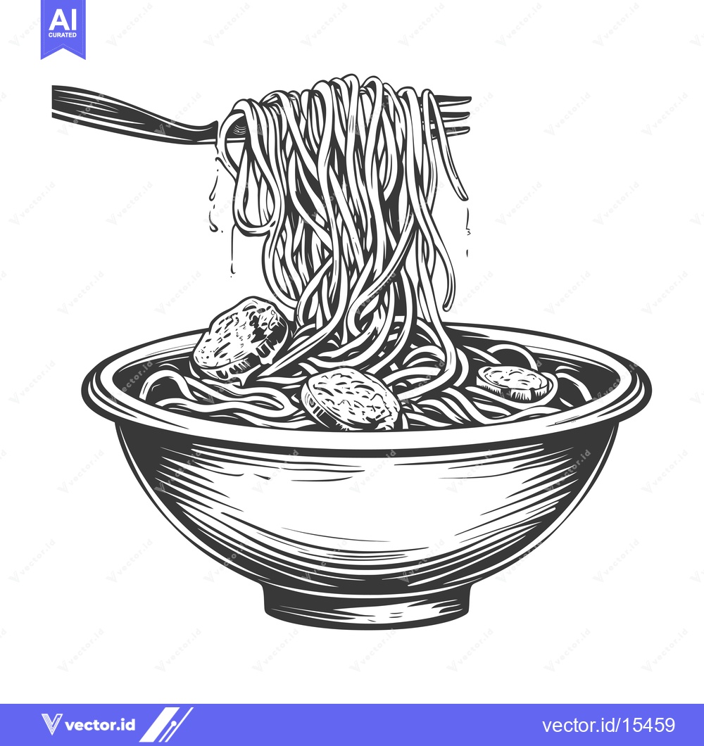 Premium Vector dari A Hand-Drawn Illustration of Noodles with Meatballs in a Bowl