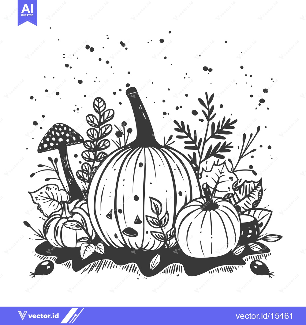 Premium Vector dari A Hand-Drawn Illustration of Pumpkins, Mushrooms, and Foliage