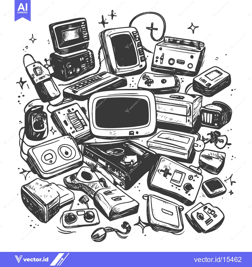 Premium Vector dari A Hand-Drawn Illustration of Retro Gaming Consoles and Peripherals
