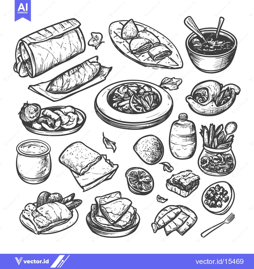 Premium Vector dari A Hand-Drawn Illustration of Various Dishes and Food Items