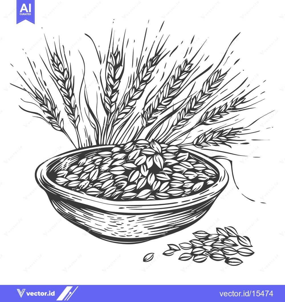 Premium Vector dari A Hand-Drawn Illustration of Wheat Grains in a Bowl with Spikes