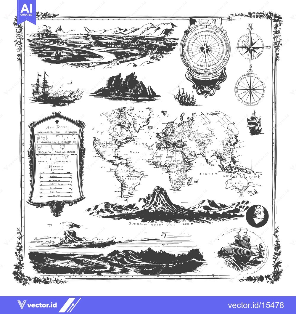 Premium Vector of A Hand-Drawn Nautical Map With Compass and Ships