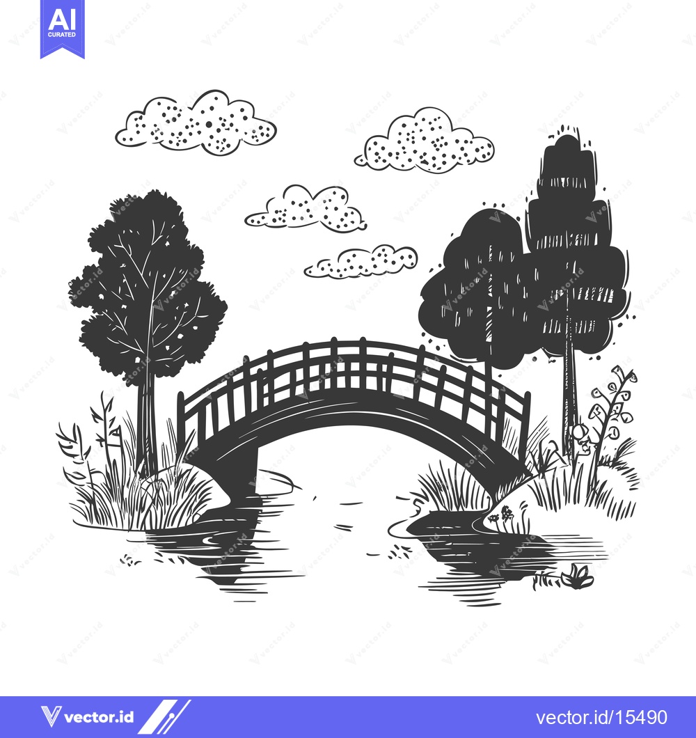 Premium Vector dari A Hand-Drawn Silhouette of a Bridge Over a Stream in a Wooded Setting
