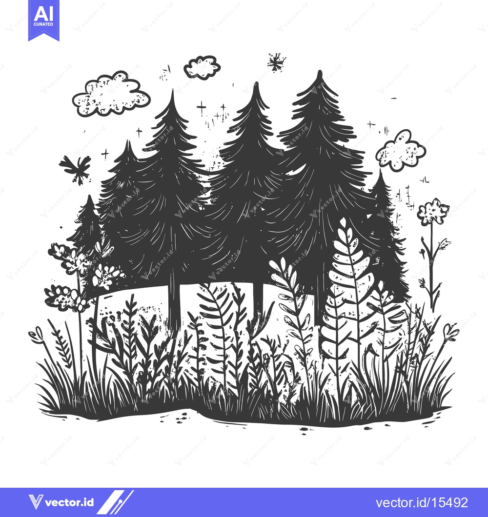 Premium Vector dari A Hand-Drawn Silhouette of a Forest with Clouds and Stars