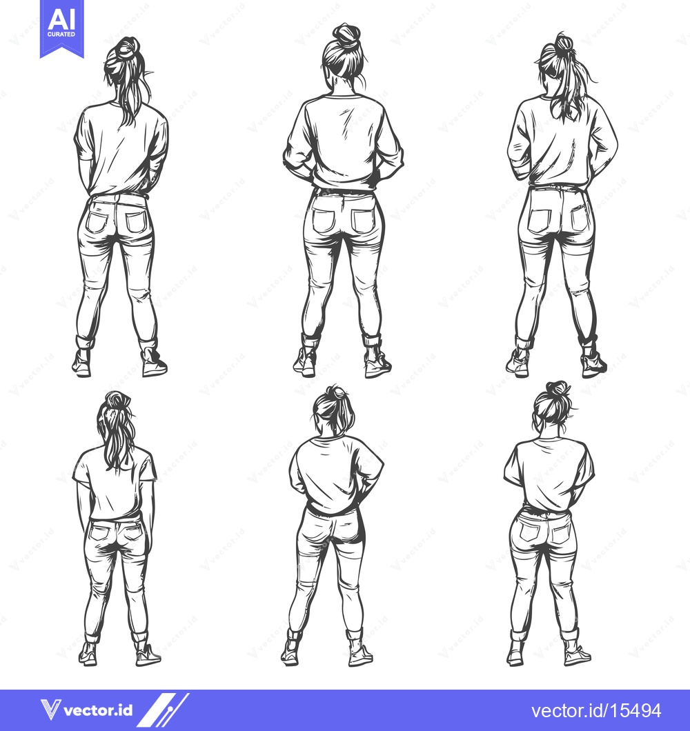 Premium Vector of A Hand-Drawn Sketch Depicting Six Back Views of Women in Jeans and T-S