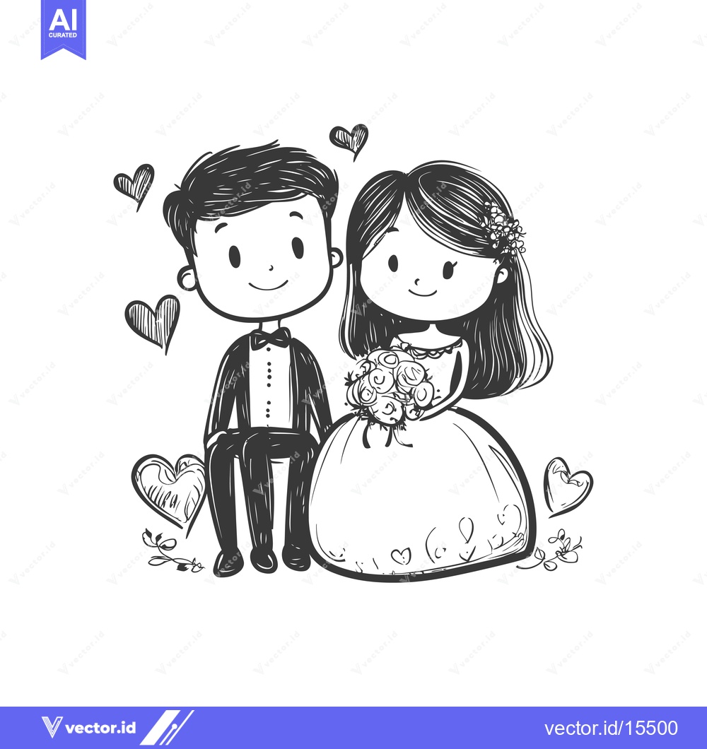 Premium Vector dari A Hand-Drawn Sketch of a Bride and Groom with Hearts and Flowers