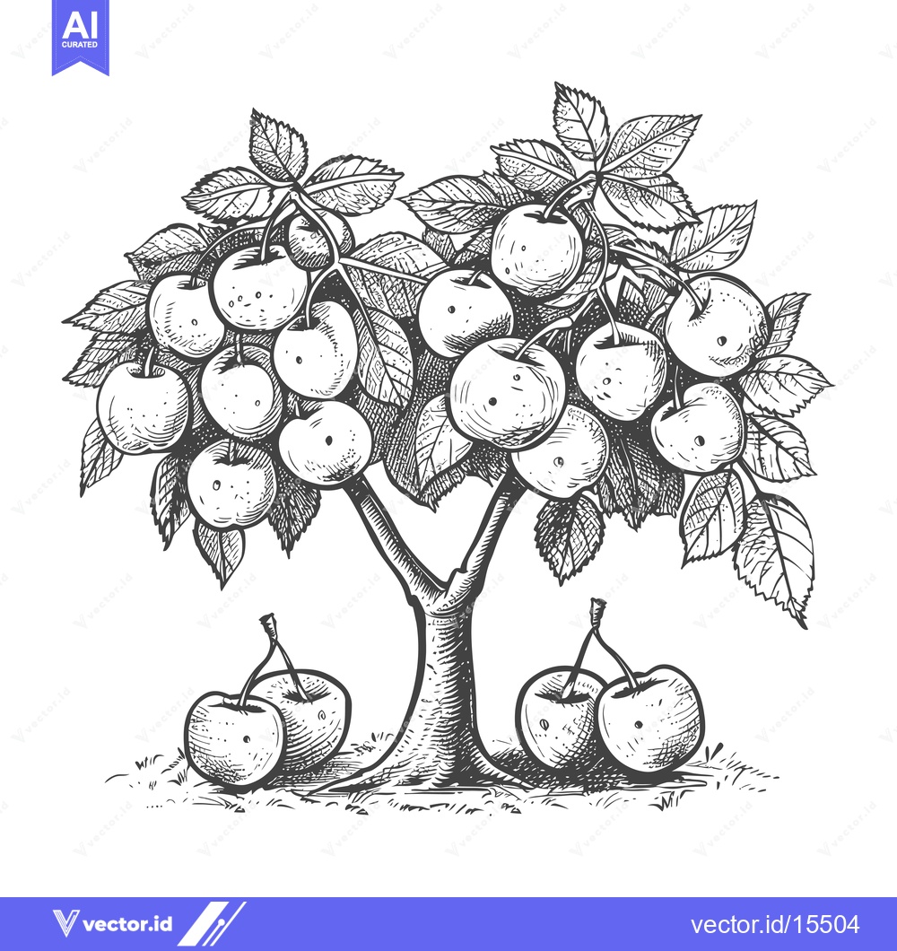 Premium Vector dari A Hand-Drawn Sketch of a Cherry Tree with Numerous Cherries and Three