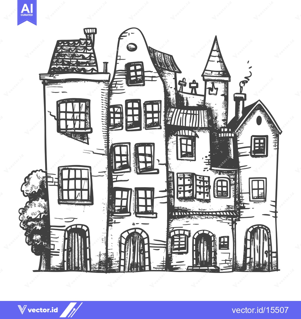 Premium Vector of A Hand-Drawn Sketch of a Cluster of Quaint Buildings with Arched Doorw