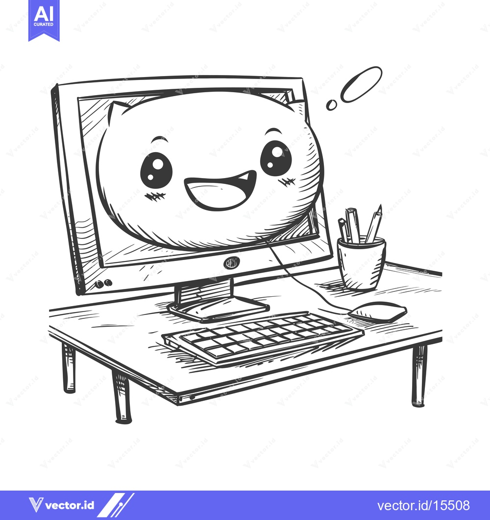 Premium Vector dari A hand-drawn sketch of a computer with a cute cartoon face on the scre