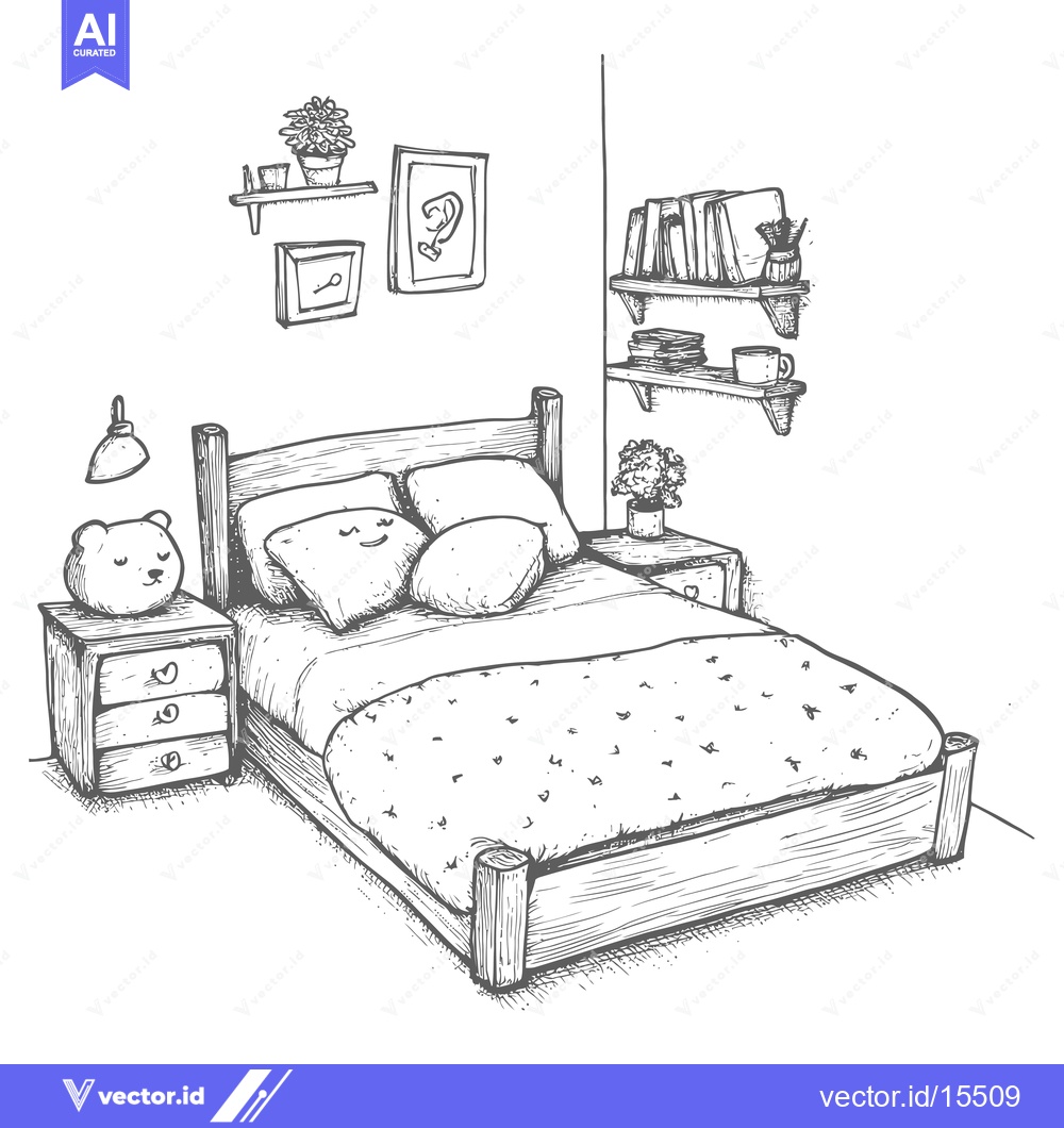 Premium Vector of A Hand-Drawn Sketch of a Cozy Bedroom with a Bed, Nightstand, and Shel