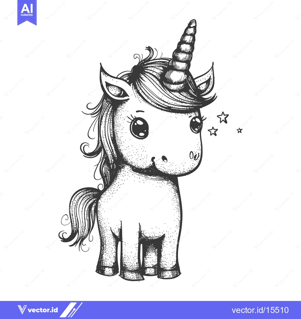 Premium Vector dari A Hand-Drawn Sketch of a Cute Unicorn with Big Eyes and a Twisted Horn