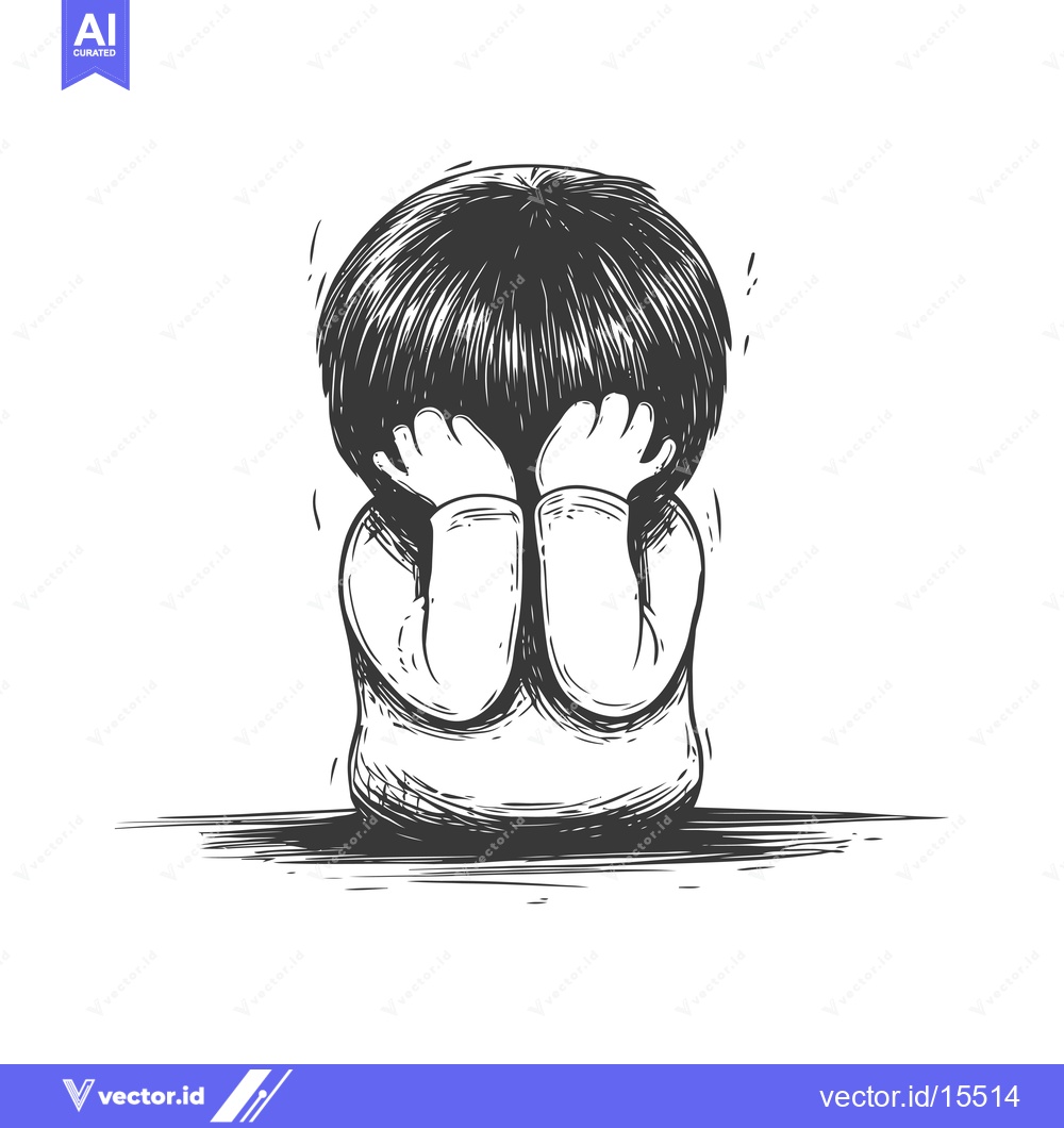Premium Vector dari A Hand-Drawn Sketch of a Depressed Person Covering Their Face with The