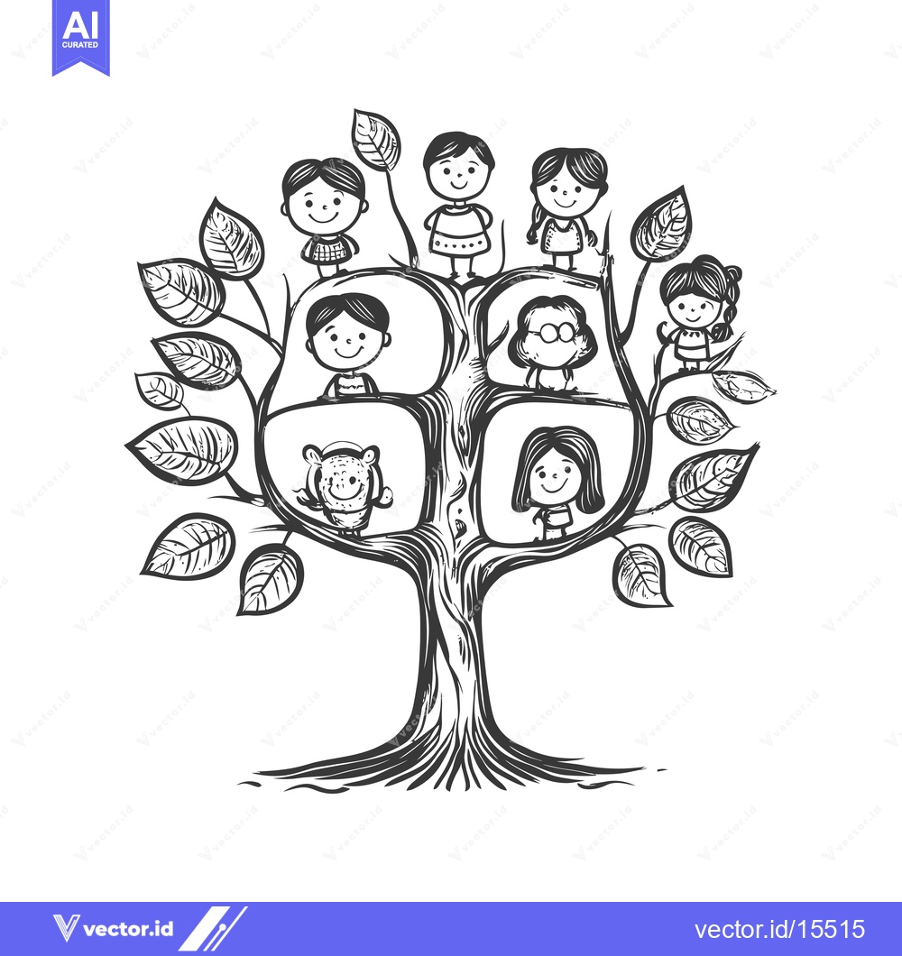 Premium Vector of A Hand-Drawn Sketch of a Family Tree with Seven Cartoon People in Its