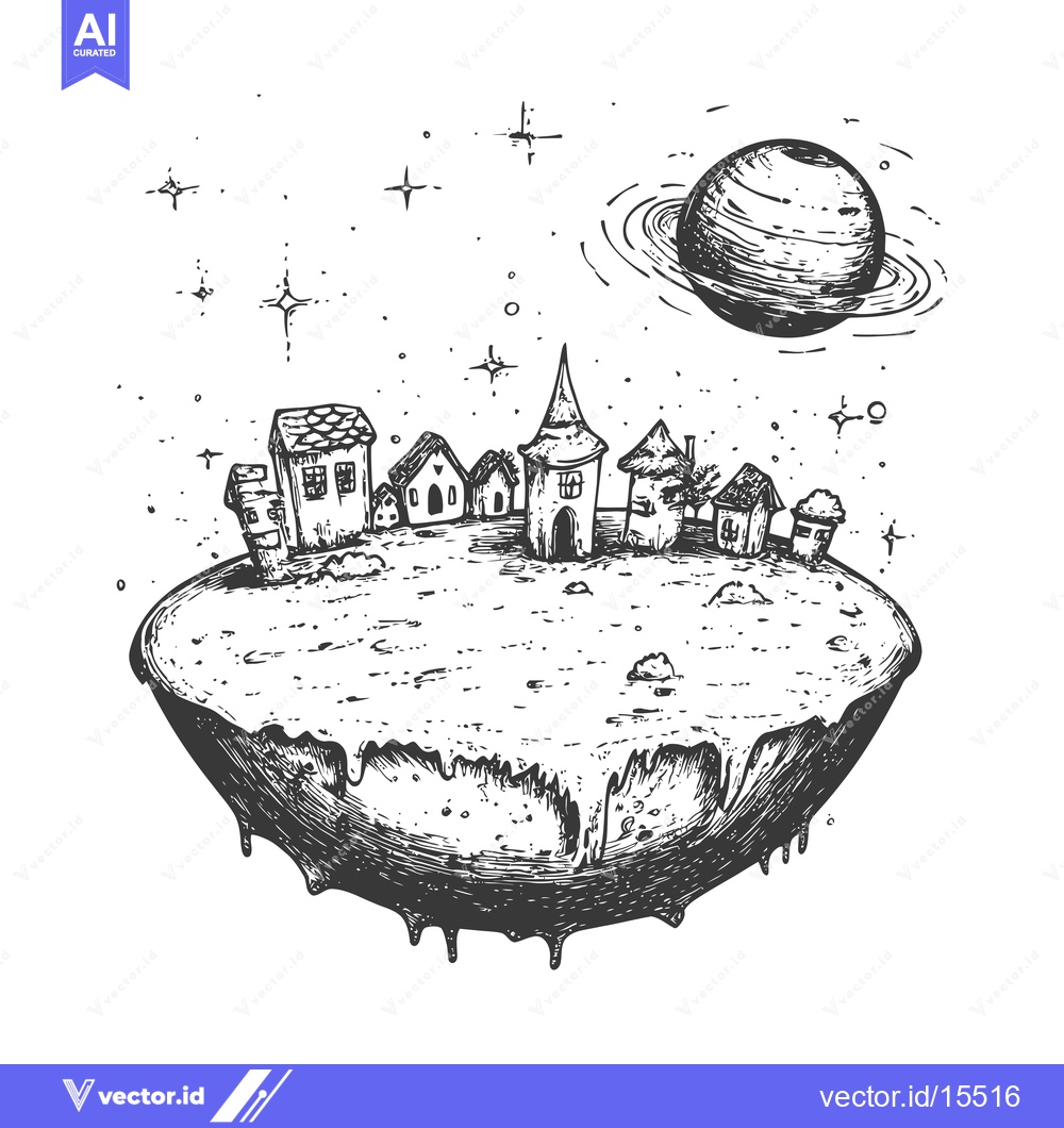 Premium Vector dari A Hand-Drawn Sketch of a Floating Village Under a Planet with Rings