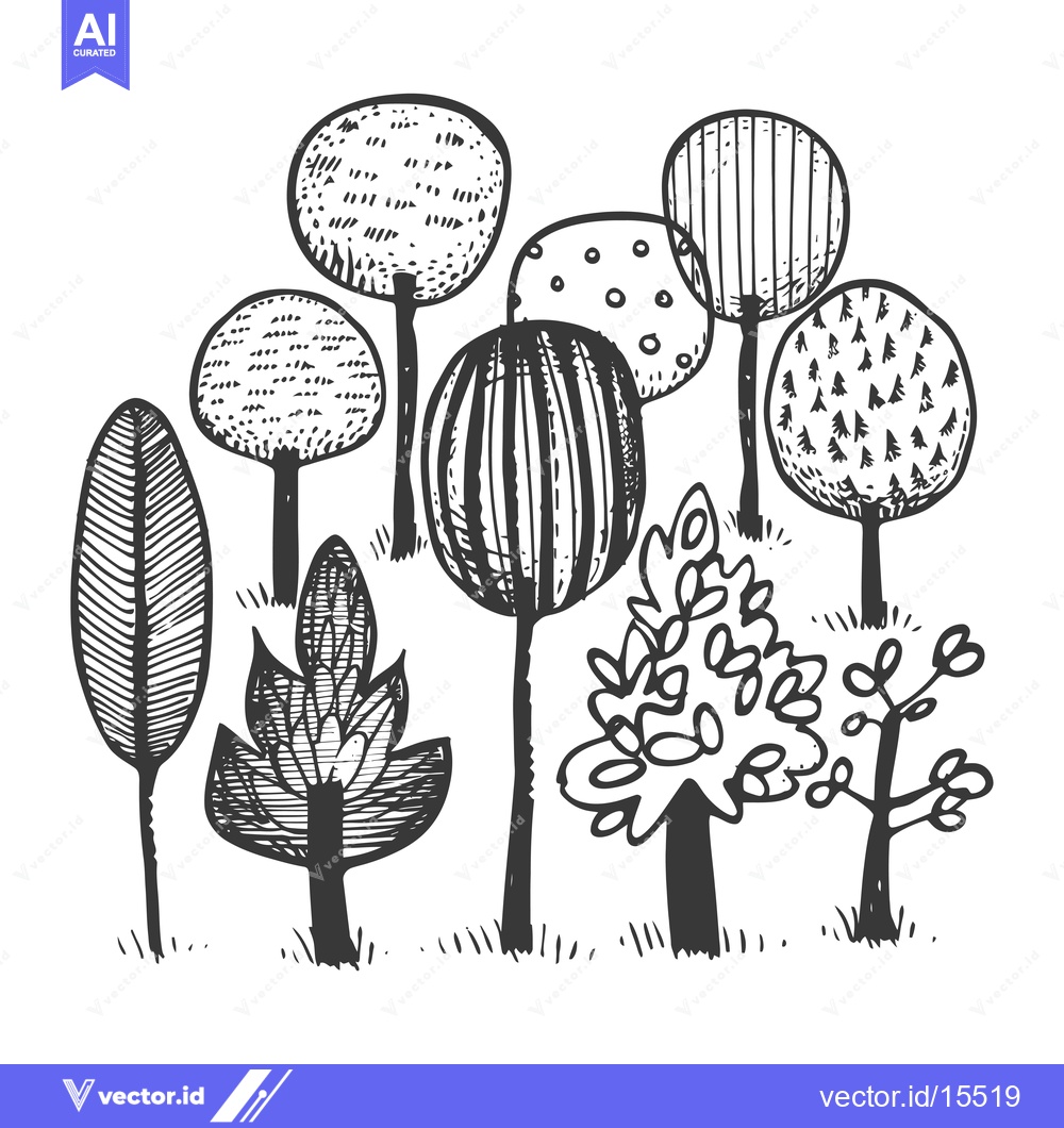 Premium Vector dari A Hand-Drawn Sketch of a Group of Trees with Unique Canopies and Trunk