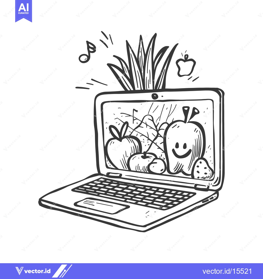 Premium Vector dari A Hand-Drawn Sketch of a Laptop with Fruit on the Screen