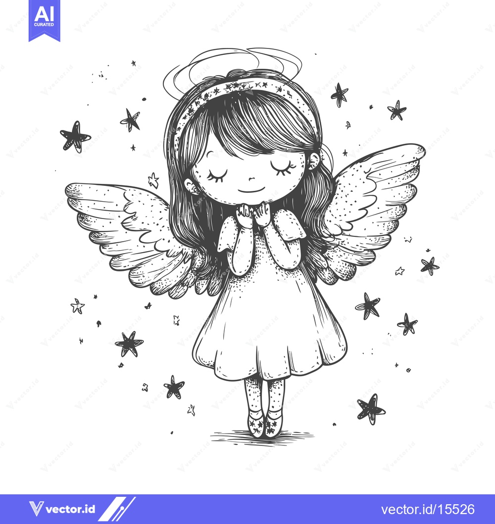 Premium Vector dari A Hand-Drawn Sketch of a Little Angel Girl with Wings and a Halo