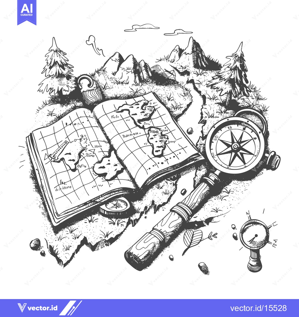 Premium Vector of A Hand-Drawn Sketch of a Map, Compass, and Mountains