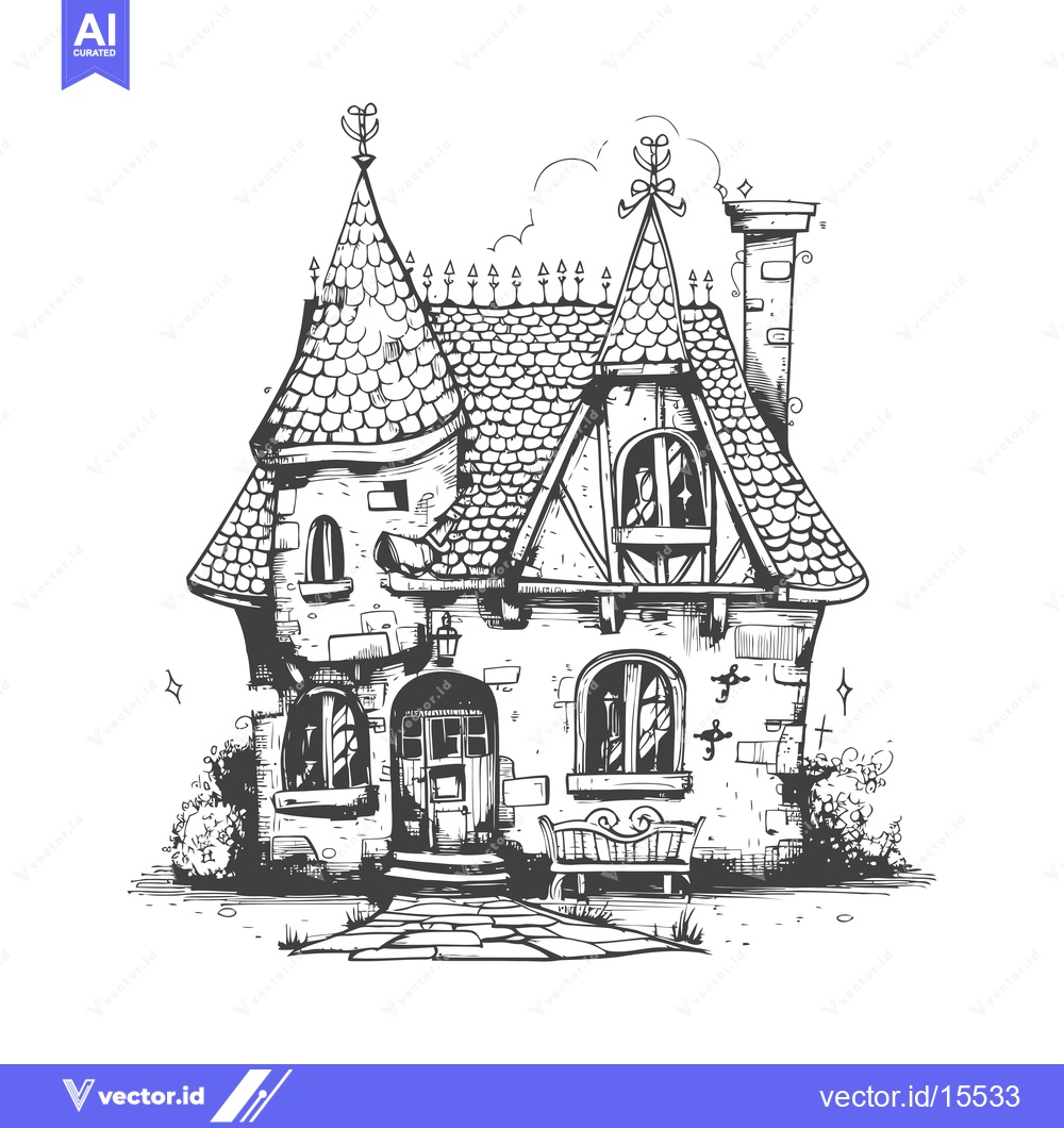 Premium Vector of A Hand-Drawn Sketch of a Quaint Stone Cottage with Two Towers