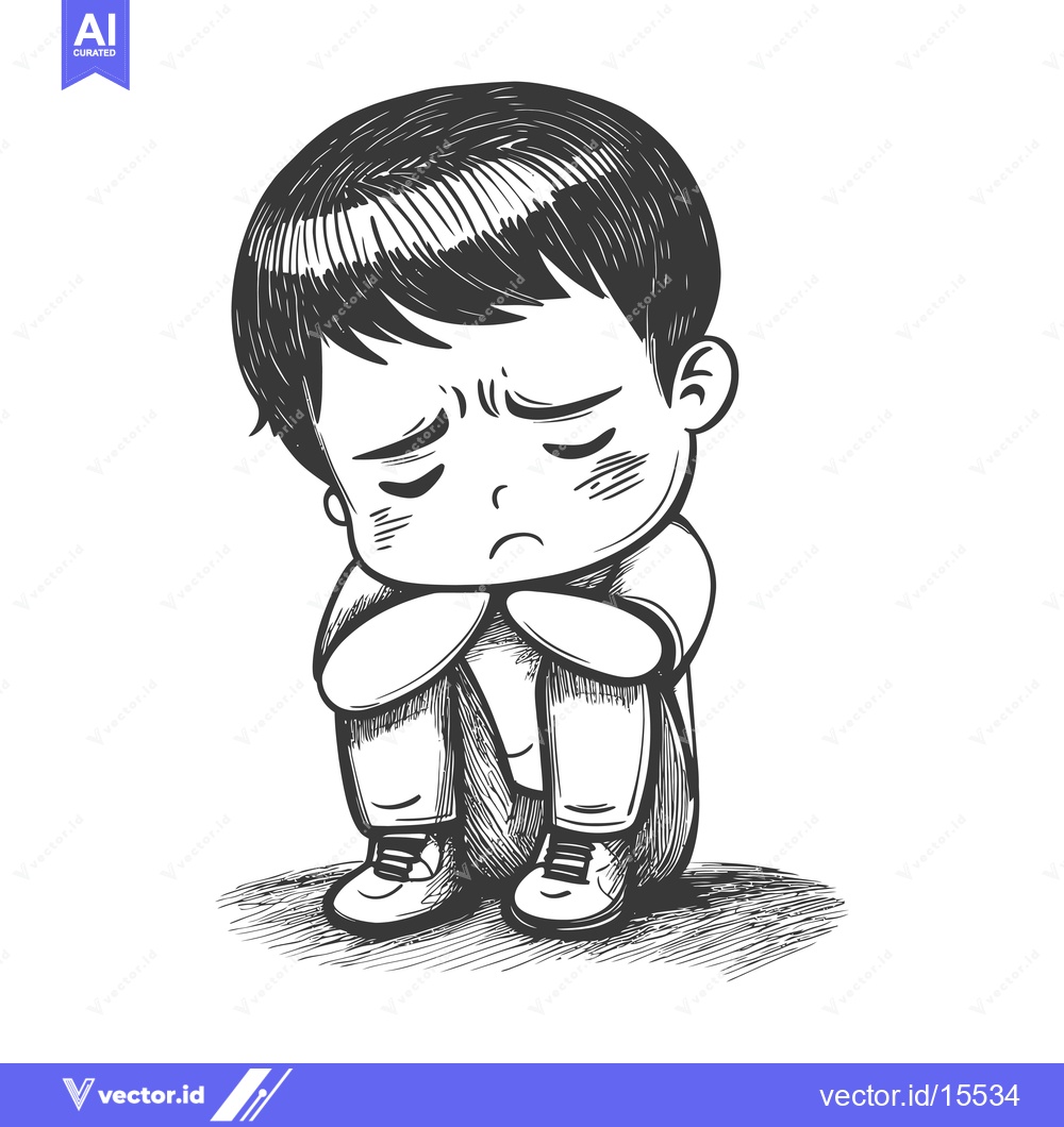 Premium Vector of A Hand-Drawn Sketch of a Sad Boy Sitting With His Head Down