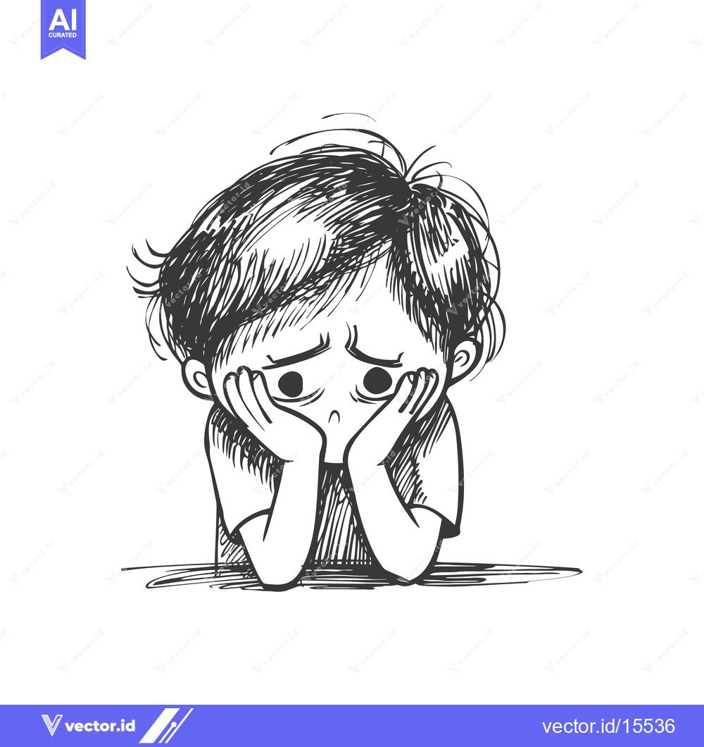Premium Vector of A Hand-Drawn Sketch of a Sad-Looking Boy with His Hands on His Face