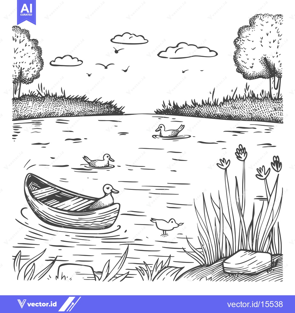 Premium Vector dari A Hand-Drawn Sketch of a Serene Lake Scene with Ducks, a Boat, and Lus