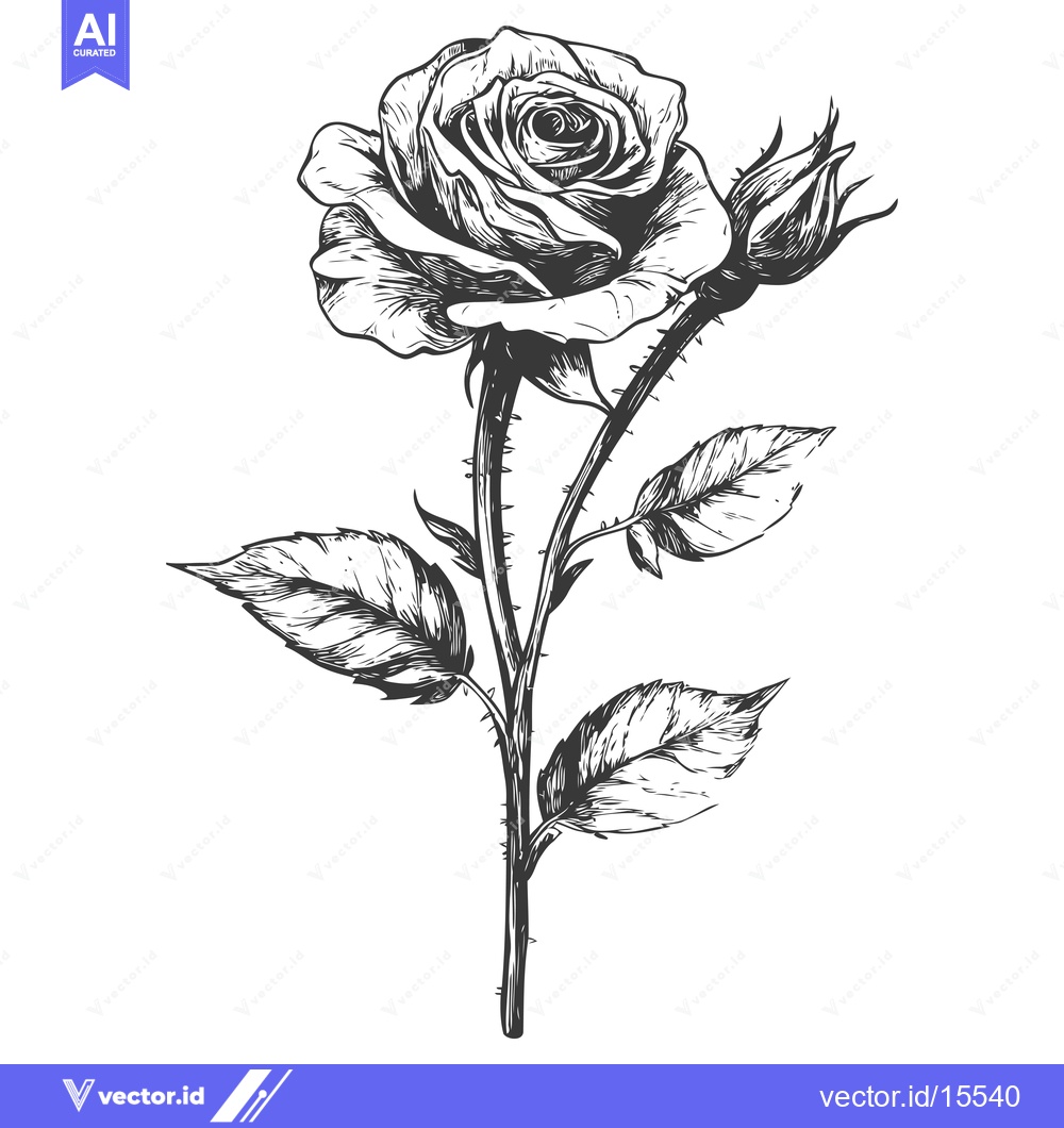Premium Vector dari A hand-drawn sketch of a single rose with leaves and thorns