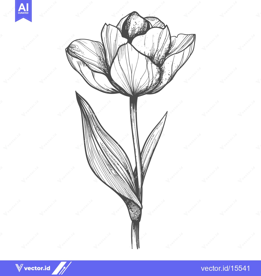 Premium Vector dari A hand-drawn sketch of a single tulip with detailed petals and leaves.