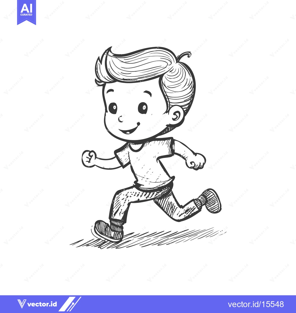 Premium Vector dari A hand-drawn sketch of a smiling boy running with his arms outstretche