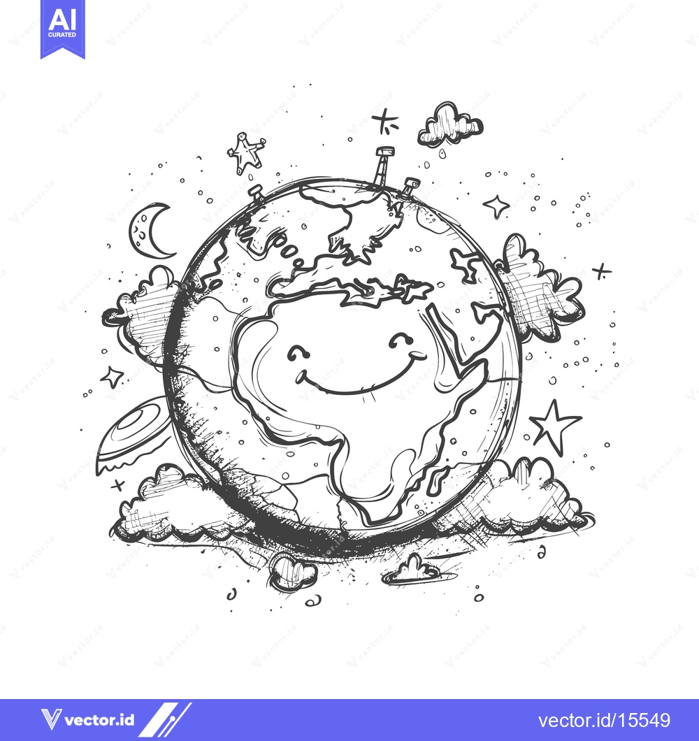 Premium Vector of A Hand-Drawn Sketch of a Smiling Earth with Stars and Clouds