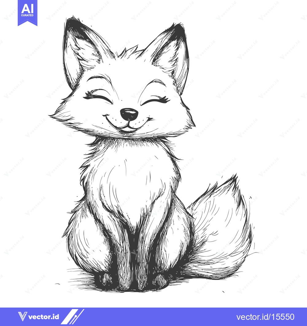 Premium Vector dari A Hand-Drawn Sketch of a Smiling Fox Sitting With Its Tail Behind It